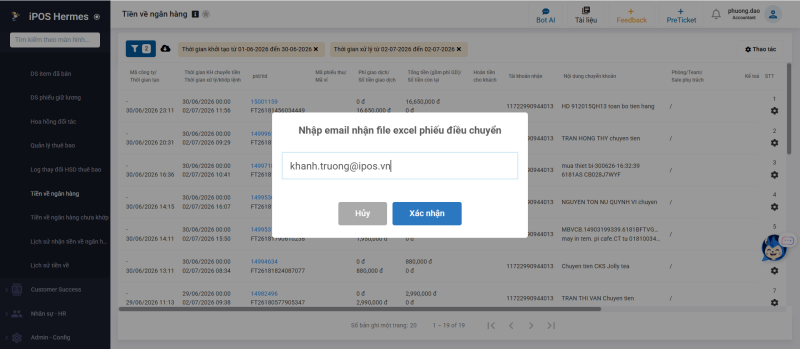 Hình 4: Màn hình pop-up nhập email nhận file Excel và nút Xác nhận