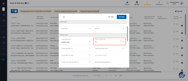Hình 3: Bộ lọc Tiếp tục dùng gói Free trên danh sách thuê bao HRM