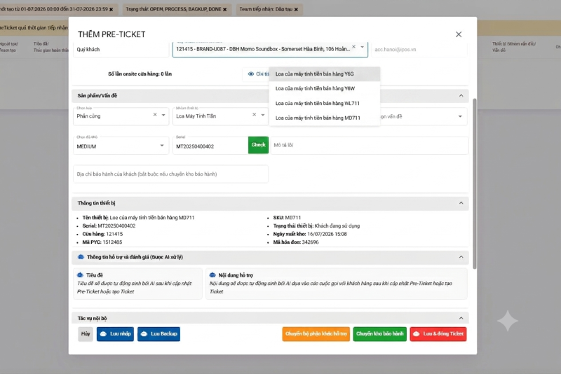 Hình 5: Giao diện Pre-ticket cập nhật phần thông tin thiết bị